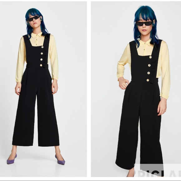 Zara Pants - Zara black overall with buttons and ruffle trim
